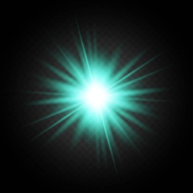 Siyah arkaplanda ışık parlaması. Parlak tatil arkaplanı. Lens alevi, ışık efekti. Gece parıltısı etkisi. Disko tasarımı. Noel süsü. Parlayan bir yıldız. Siyah arka plan. Vektör illüstrasyonu