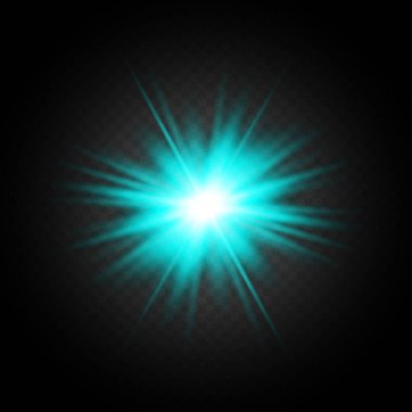 Siyah arkaplanda ışık parlaması. Parlak tatil arkaplanı. Lens alevi, ışık efekti. Gece parıltısı etkisi. Disko tasarımı. Noel süsü. Parlayan bir yıldız. Siyah arka plan. Vektör illüstrasyonu