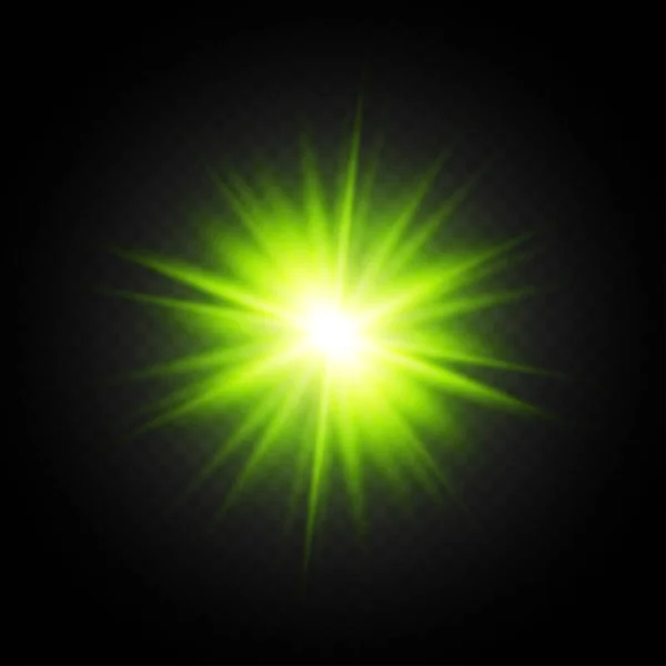Siyah arkaplanda ışık parlaması. Parlak tatil arkaplanı. Lens alevi, ışık efekti. Gece parıltısı etkisi. Disko tasarımı. Noel süsü. Parlayan bir yıldız. Siyah arka plan. Vektör illüstrasyonu