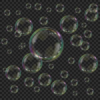 Gökkuşağı yansımalı gerçekçi şeffaf renkli sabun köpükleriyle soyut bir arkaplan. Kabarcık üfleyici ile arkaplan