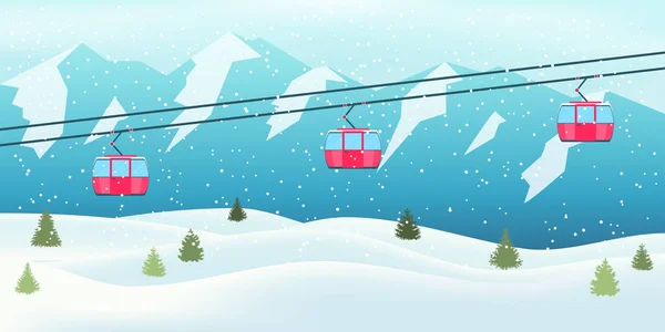 滑雪场度假 冬季雪景 有滑雪胜地 绿色云杉和高山 冬季户外活动 在山上休息的传单广告模板 — 图库矢量图片