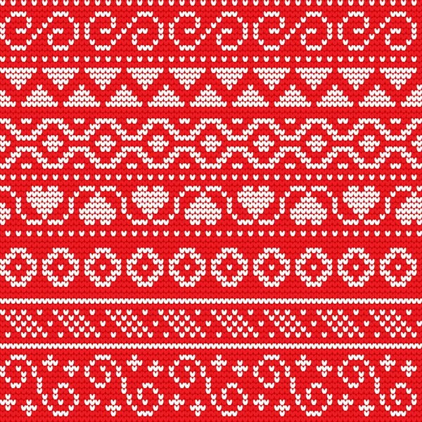 Festive Sweater Fairisle Design. 레드 시미 레스 Knitted Pattern. 바다없는우아 한 패턴 이 군. 고급 스웨터 장식. 성탄절 장식 세트. 모직 천, 수제 천. — 스톡 벡터