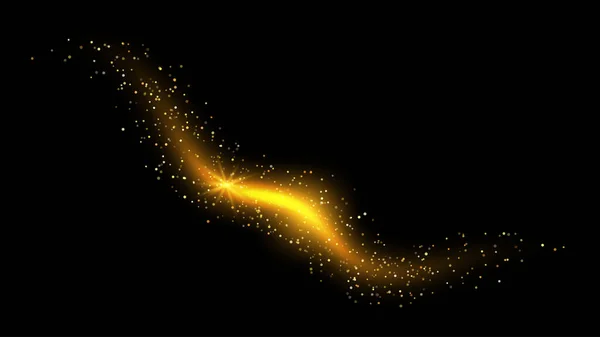 Golden abstract background with glitter waves. Vector golden sparkling comet tail on black background. Vector abstract shiny color sparkle wave design element with glitter effect on black backdrop