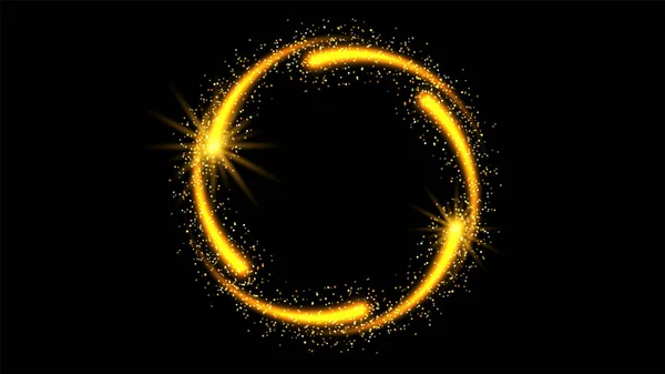 矢量抽象闪光的环形烟火与闪亮的颜色闪光和金色的恒星在黑色的背景 金色闪光的烟火 火卷金戒指庆祝节日设计 — 图库矢量图片