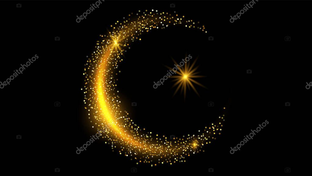 Glitter crescent with shiny color sparkle design element with glitter effect on black backdrop. Gold shine texture. Full moon night background. Design concept party or celebration on black background