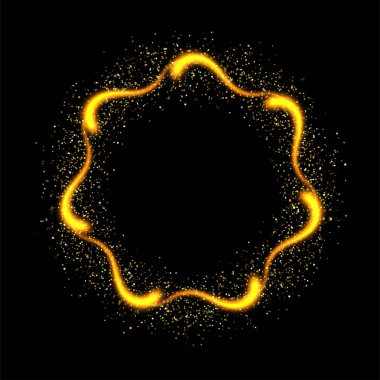 Soyut ışıltılı havai fişekler, parlak bir parıltı ve siyah arka planda altın yıldızlar. Renkli altın parıltılı havai fişekler. Şenlikli tasarımı kutlamak için girdaplı altın yüzük