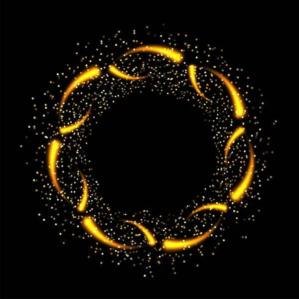 矢量抽象闪光的环形烟火与闪亮的颜色闪光和金色的恒星在黑色的背景 金色闪光的烟火 火卷金戒指庆祝节日设计 — 图库矢量图片