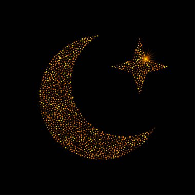 Müslüman cemaatinin kutsal ayı Ramazan Kareem için parlak siyah arka planda hilal altın parıltısı. Bayramda Mübarek 'in ışıldayan ışıklarıyla parıldayan bir tatil tasarımı. Konfetili lüks altın hilal