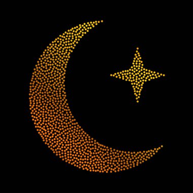 Müslüman cemaatinin kutsal ayı Ramazan Kareem için parlak siyah arka planda hilal altın parıltısı. Bayramda Mübarek 'in ışıldayan ışıklarıyla parıldayan bir tatil tasarımı. Konfetili lüks altın hilal