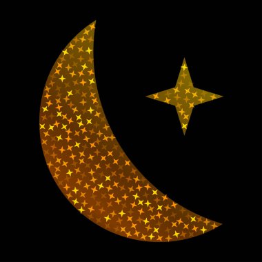 Müslüman cemaatinin kutsal ayı Ramazan Kareem için parlak siyah arka planda hilal altın parıltısı. Bayramda Mübarek 'in ışıldayan ışıklarıyla parıldayan bir tatil tasarımı. Konfetili lüks altın hilal