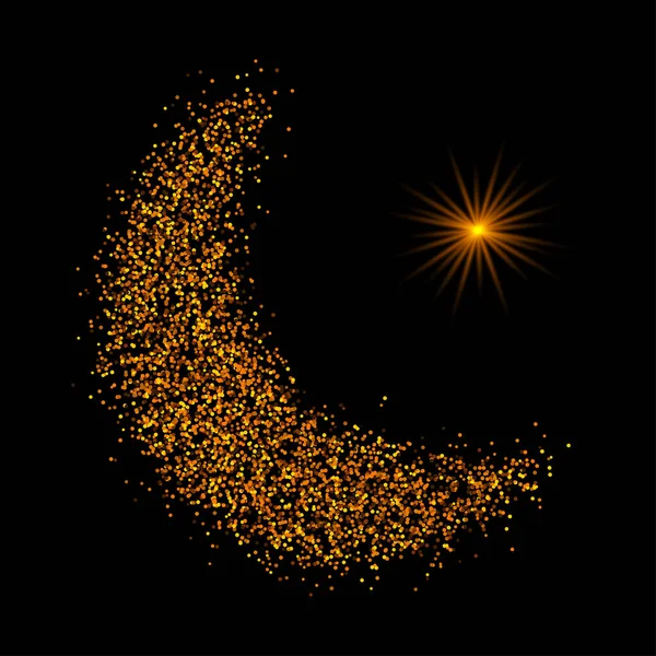 穆斯林社区斋月卡里姆的神圣的一个月 在闪亮的黑色背景上 新月的金光闪闪的月亮 穆巴拉克的节日设计闪烁着光芒 华丽的金月牙与意大利面 — 图库矢量图片