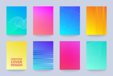 Vektör yarım ton kapak tasarım şablonları ayarlandı. Kitaplar, albümler, defterler, raporlar, dergiler için düzenleme ayarlandı. Nokta yarım ton gradyan etkisi, modern soyut tasarım. Geometrik model dokusu.