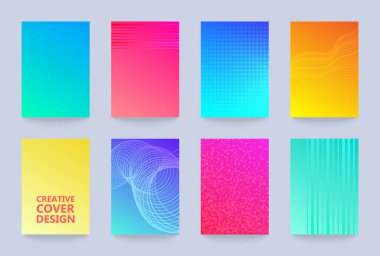 Vektör yarım ton kapak tasarım şablonları ayarlandı. Kitaplar, albümler, defterler, raporlar, dergiler için düzenleme ayarlandı. Nokta yarım ton gradyan etkisi, modern soyut tasarım. Geometrik model dokusu.