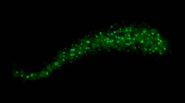 Siyah arka planda izole edilmiş vektör yeşil parıltı dalgaları. Sihirli ışıltılı yol. Yeşil toz vektör havai fişek patlaması. Işıldayan yıldız tozu izleri ışıldayan parçacıklar. Parıldayan konfeti ışıkları