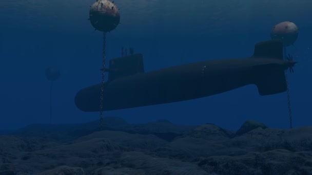 Подводная лодка, проходящая через минное поле — стоковое видео