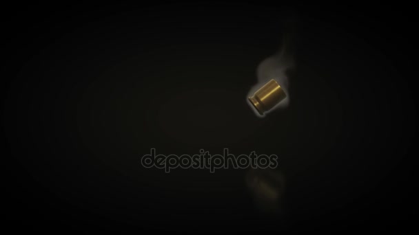 Animation of smoking bullet shell falling on black background — Stock Video