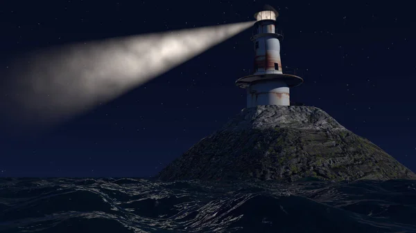 Eski bir deniz feneri 3D çizimi geceleri — Stok fotoğraf