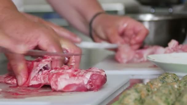 Chef cortando pescado y haciendo bolas de pescado — Vídeos de Stock