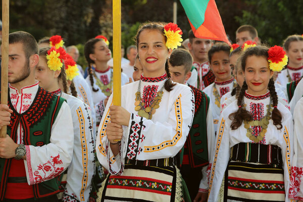 Bulgarian group of dancers in traditional costumes