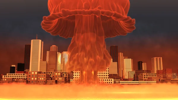 3D απεικόνιση του μια πυρηνική έκρηξη πάνω από μια μεγάλη πόλη — Φωτογραφία Αρχείου