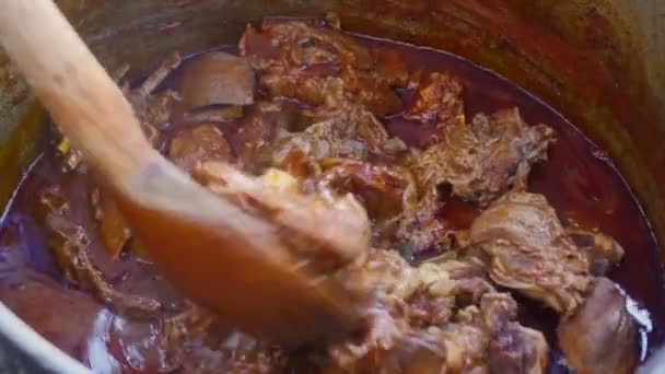 Ragoût d'agneau cuit dans une grande casserole en métal — Video