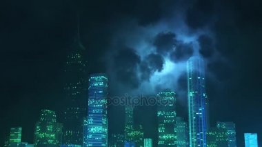 Gece şehir üzerinde oluşturulan bilgisayar aydınlatma fırtına