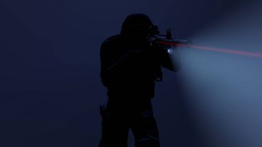 3d illustration of a swat officer in action with the flashlight and laser sight on clipart