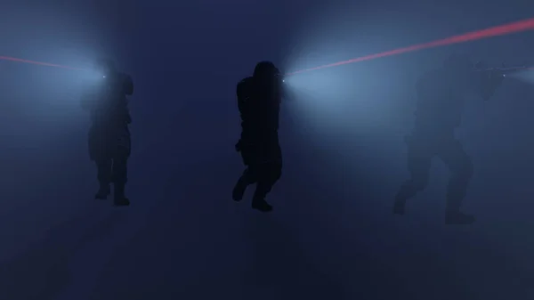 Illustration Ett Swat Team Aktion Med Ficklampor Och Lasersikten — Stockfoto