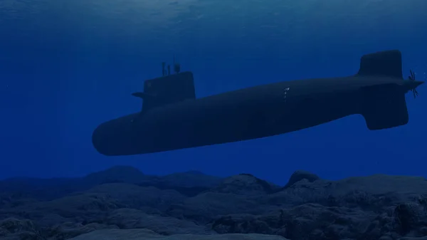 3D Illustration of a submarine patrolling close to the ocean floor