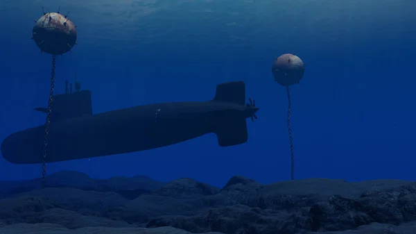 Ілюстрація Підводного Човна Проходить Через Мінне Поле — стокове фото