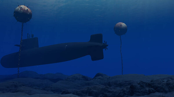 3D Illustration of a submarine passing through a minefield