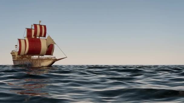 Animation Old Wooden Warship Ocean — Stock Video