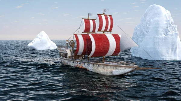 Illustration Vieux Navire Guerre Bois Voyageant Dans Océan Arctique — Photo