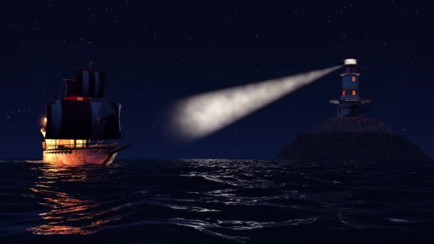 一艘古老的木军舰在接近灯塔的夜晚航行的动画 — 图库视频影像