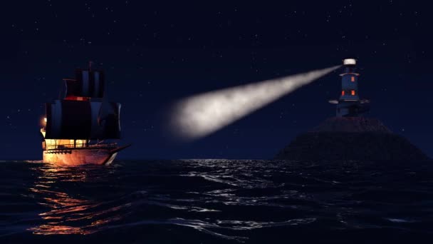 Animation 3D d'un vieux navire de guerre en bois naviguant de nuit près du phare 