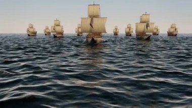 Okyanusu üzerinde eski ahşap savaş gemileri filonun 3D animasyon