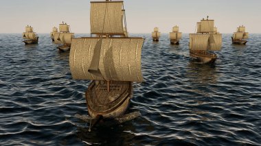 eski ahşap savaş gemileri filosuna Okyanusu üzerinde 3D çizimi