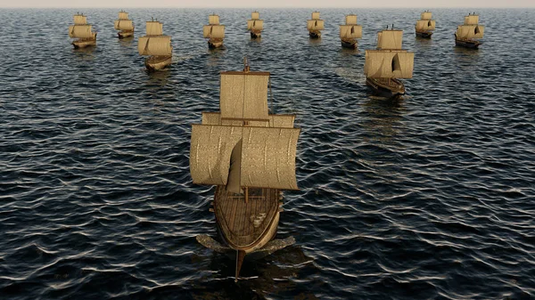 Illustratie Van Oude Houten Oorlogsschepen Vloot Oceaan — Stockfoto