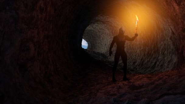 Анімація Рептилійного Гуманоїда Тримає Палаючий Факел Печері — стокове відео