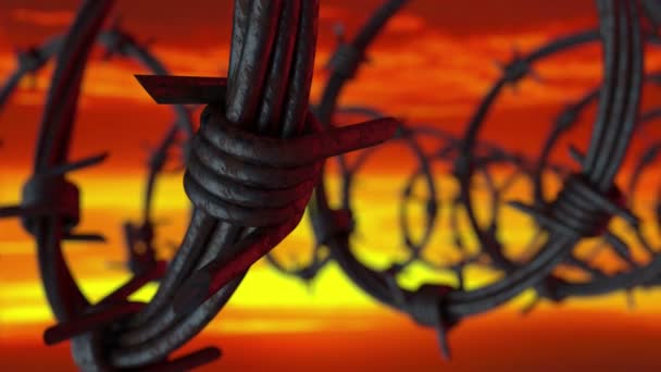 3D日没時の刑務所の有刺鉄線フェンスのアニメーション クローズアップビュー — ストック動画