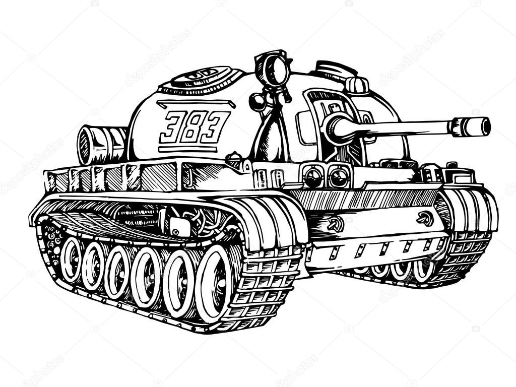 Tank isolated on white background. Vector Military machine. Tank logotype. Black and white tank icon.