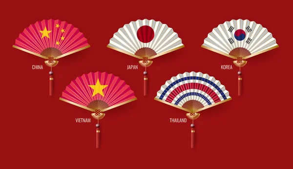 Set Asiatischer Fächer Auf Rotem Hintergrund Vektorillustration — Stockvektor