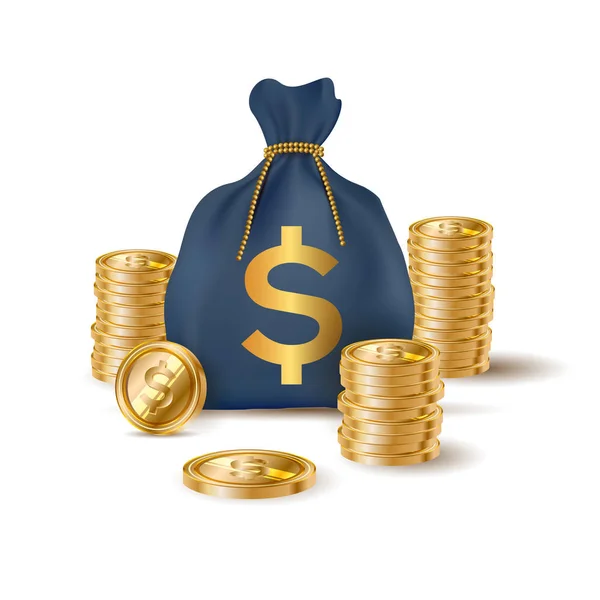 Bolsa Dinero Azul Con Dólar Signo Moneda Ilustración — Vector de stock
