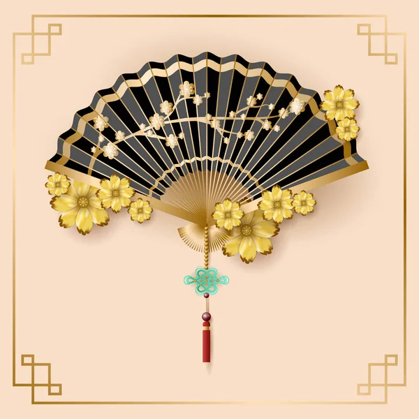 Eventail Chinois Sur Fond Jaune Illustration Vectorielle — Image vectorielle