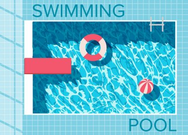 Yüzme Havuzu temiz su yansıması ile üstten görünüm. Havuzu yakınındaki gevşeme bölge. Vektör çizim.