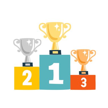 Kupalı şampiyon podyumu. Şampiyonlar için ödüller. Altın, gümüş ve bronz bardaklar. Düz biçimli vektör illüstrasyonu.