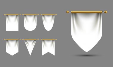 White pennant templates vector set with empty space for branding. Square and triangle diversity shapes. Hanging realistic fabric pieces, award, achievement symbols, logo signs. clipart