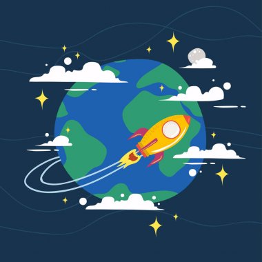 Ay, yıldızlar ve uzay roketi, düz vektör çizim ile dünya banner