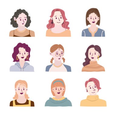 Kadın avatar vektör çizim ayarlayın. Güzel genç kız portre beyaz arka plan üzerinde izole farklı saç stili ile