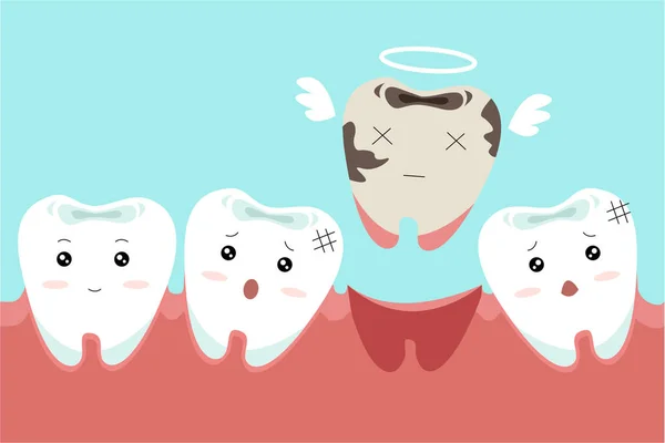 不足している歯の歯の漫画 かわいい漫画の歯科治療のコンセプトです 青の背景に分離されたの図 — ストックベクタ